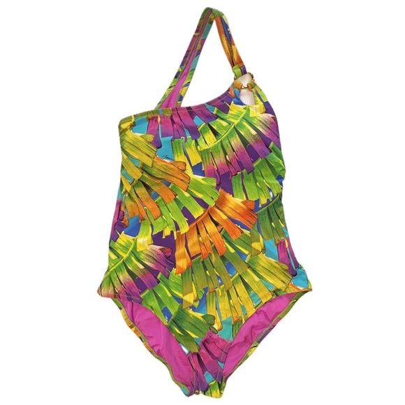 Trina Turk sz 12 Polynesian Palms One Shoulder One Piece Swimsuit Tropical - Picture 3 of 8